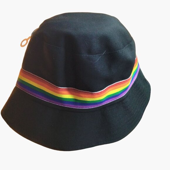 Black Bucket Hat Rainbow Ribbon Stripe Accent Gay Pride Rainbow LGBTQ - Picture 1 of 4